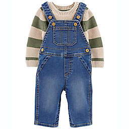 carter's® 2-Piece Striped Knit Sweater and Denim Overall Set in Blue/Green