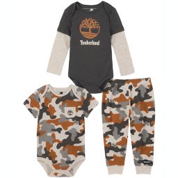 Timberland® 3-Piece Camo Bodysuits and Pant Set in Grey/Brown
