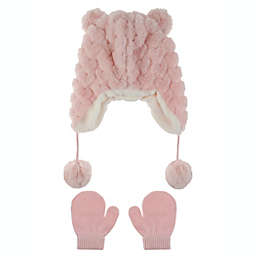 Capelli New York 2-Piece Bear Heart Faux Fur Earflap Hat and Mitten Set in Pink