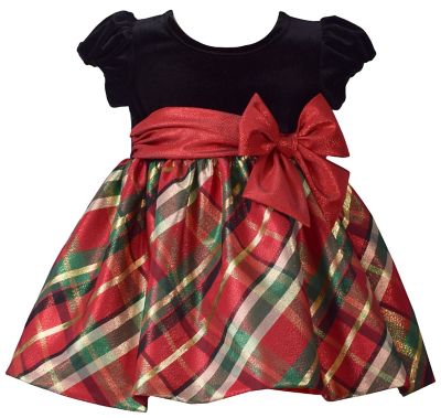 Bonnie Baby 2-Piece Velvet Plaid Taffeta Dress and Diaper Cover Set in Red/Green