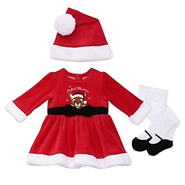 Rudolph&reg; Newborn 3-Piece Velour Santa Claus Dress, Tights, and Hat Set in Red. View a larger version of this product image.