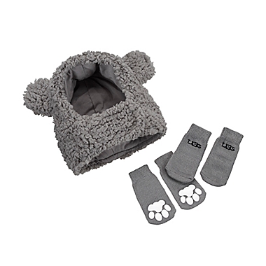UGG&reg; Large 2-Piece Classic Sherpa Dog Hat and Socks Set in Seal Grey. View a larger version of this product image.