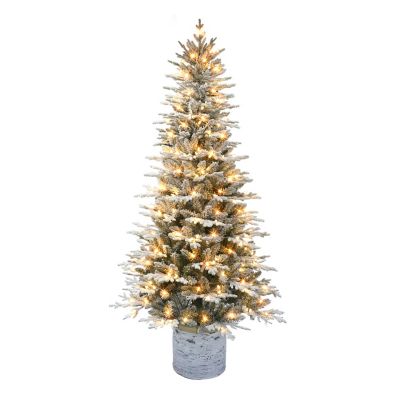 Puleo International 7.5-Foot Pre-Lit Potted Flocked Arctic Fir Artificial Christmas Tree