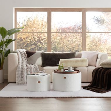 UGG&reg; Dawson Faux Fur Square Throw Pillow in Oatmeal. View a larger version of this product image.
