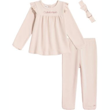 Calvin Klein® Size 24M 3-Piece Ruffle Top, Headband, and Pant Set in Egret  | Bed Bath & Beyond