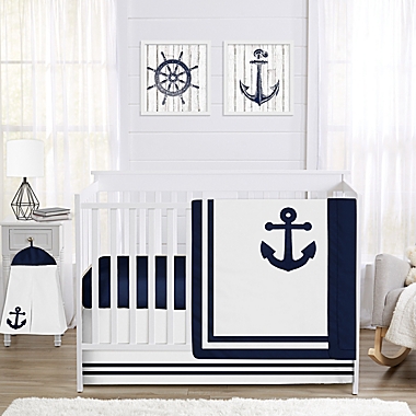 Sweet Jojo Designs Anchors Away 4-Piece Nautical Crib Bedding Set in Navy Blue/White. View a larger version of this product image.