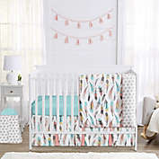 Sweet Jojo Designs Feather 4-Piece Crib Bedding Set in Coral/Turquoise