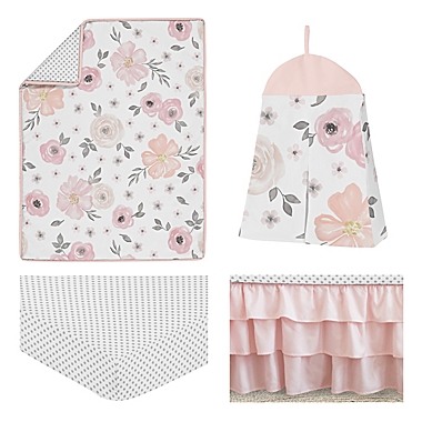 Sweet Jojo Designs Watercolor Floral 4-Piece Crib Bedding Set in Pink/White. View a larger version of this product image.