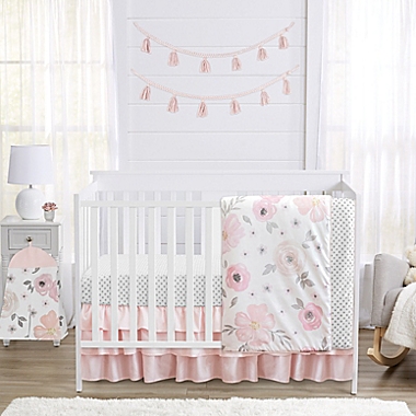 Sweet Jojo Designs Watercolor Floral 4-Piece Crib Bedding Set in Pink/White. View a larger version of this product image.