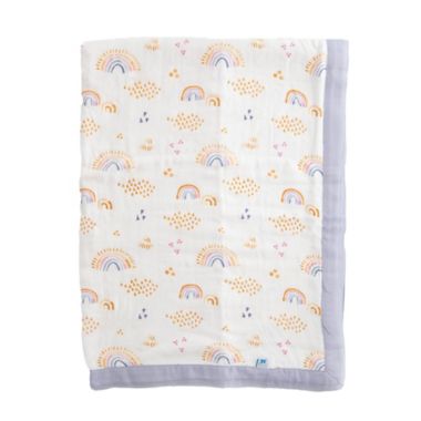 Little Unicorn Rainbows and Raindrops Deluxe Muslin Baby Receiving Quilt in Purple/White. View a larger version of this product image.