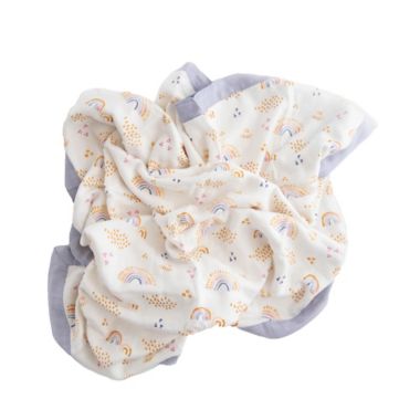 Little Unicorn Rainbows and Raindrops Deluxe Muslin Baby Receiving Quilt in Purple/White. View a larger version of this product image.