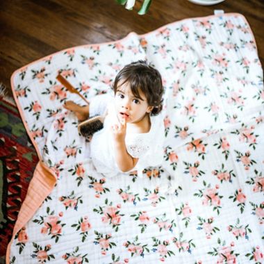 Little Unicorn Watercolor Roses Cotton Muslin Original Quilt in Pink. View a larger version of this product image.