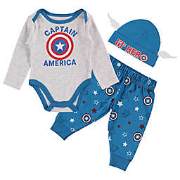 Captain America™ 3-Piece Lil' Hero Cap, Bodysuit, and Pant Set in Blue/Multi