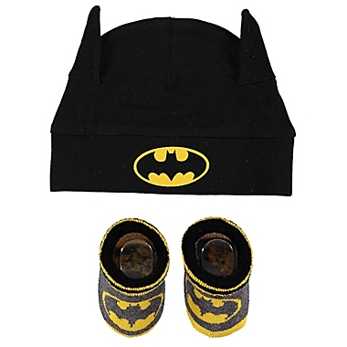 DC Comics&copy; Newborn 2-Piece Batman Cap and Bootie Set in Black/Grey. View a larger version of this product image.