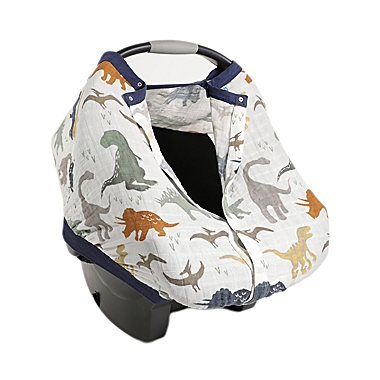 Little Unicorn Dino Friends Cotton Muslin Car Seat Canopy in Blue/Green. View a larger version of this product image.