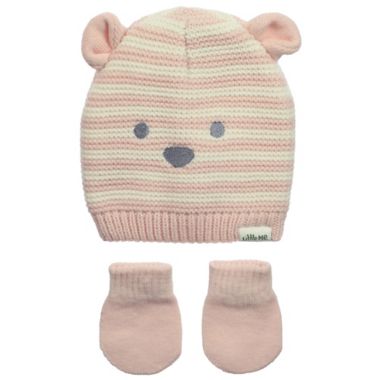 Little Me&trade; Size 3-9M Bear Stripe Hat and Mitten Set in Light Pink. View a larger version of this product image.