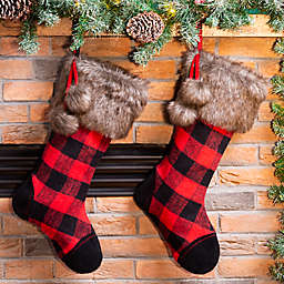 Glitzhome® 21-Inch Buffalo Plaid Fur Christmas Stockings in Black/Red (Set of 2)