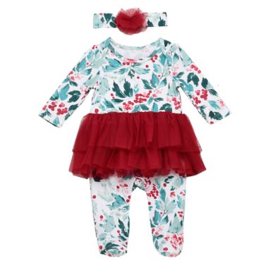 Baby Starters&reg; 2-Piece Holiday Holly Skirted Coverall and Headband Set in Red. View a larger version of this product image.
