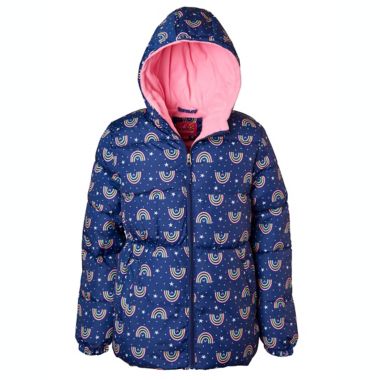 Pink Platinum Size 3T Rainbow Printed Puffer Jacket in Navy. View a larger version of this product image.