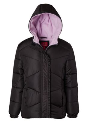 Pink Platinum Ruffle Quilted Puffer Jacket in Black