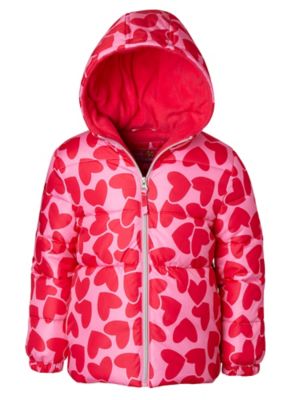 Pink Platinum Allover Heart Print Puffer Jacket in Coral