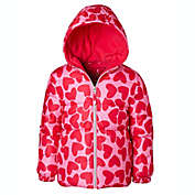 Pink Platinum Allover Heart Print Puffer Jacket in Coral