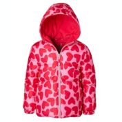 Pink Platinum Allover Heart Print Puffer Jacket in Coral