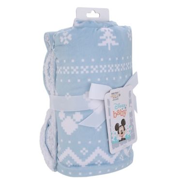 Disney&reg; Mickey Mouse Christmas Sherpa Baby Blanket in Light Blue. View a larger version of this product image.