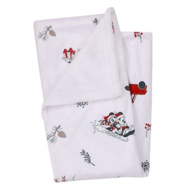 Disney&reg; Mickey &amp; Minnie Mouse Christmas Sherpa Baby Blanket in White. View a larger version of this product image.