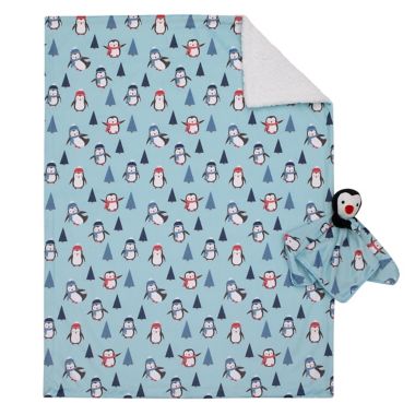 NoJo&reg; Penguin Christmas 2-Piece Sherpa Baby Blanket &amp; Security Blanket Set in Blue. View a larger version of this product image.