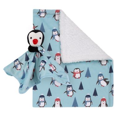 NoJo&reg; Penguin Christmas 2-Piece Sherpa Baby Blanket &amp; Security Blanket Set in Blue. View a larger version of this product image.