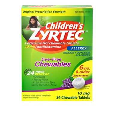 Zyrtec&reg; Allergy 24-Count Children's 10 mg Dye-Free Chewables. View a larger version of this product image.
