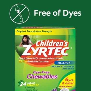 Zyrtec&reg; Allergy 24-Count Children's 10 mg Dye-Free Chewables. View a larger version of this product image.