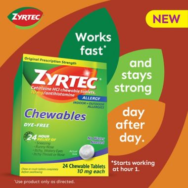 Zyrtec&reg; Allergy 24-Count 10 mg Dye-Free Chewables. View a larger version of this product image.