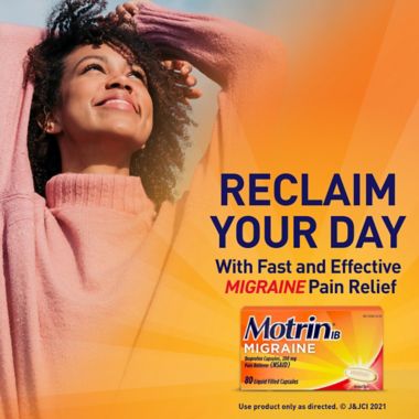 Motrin&reg; IB 80-Count Migraine Liquid Filled Ibuprofen Capsules. View a larger version of this product image.