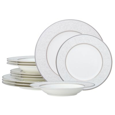 Noritake&reg; 12-Piece Brocato Dinnerware Set in White/Grey