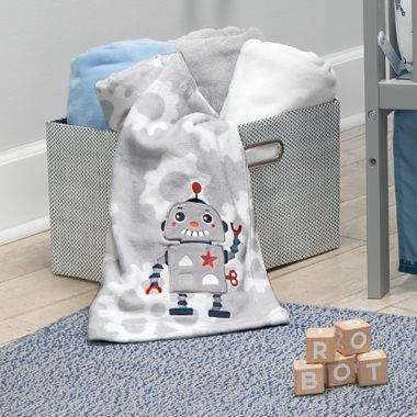 Bedtime Originals&reg; Robbie Robot Baby Blanket in Grey. View a larger version of this product image.