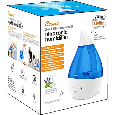 Crane Top Fill Drop Humidifier with Sound Machine in Blue/White. View a larger version of this product image.