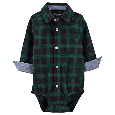 OshKosh B&#39;gosh&reg; Plaid Twill Button-Up Long Sleeve Bodysuit in Green. View a larger version of this product image.