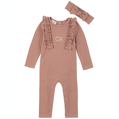 Calvin Klein&reg; Size 18M 2-Piece Headband and Bodysuit Set in Mauve. View a larger version of this product image.
