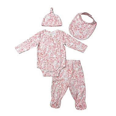 ever &amp; ever&trade; Newborn 4-Piece Bodysuit, Pant, Hat, and Bib Set in White/Rose. View a larger version of this product image.