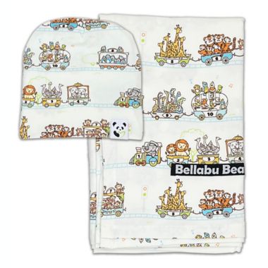 Bellabu Bear Zoo Train Swaddle and Beanie Set in White. View a larger version of this product image.