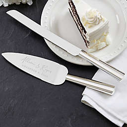 Elegant Couple Engraved Wedding Cake Knife and Server Set in Silver