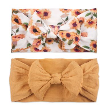 Khristie&reg; Size 0-36M 2-Pack Sunflower &amp; Solid Bow Headwraps in Mustard. View a larger version of this product image.