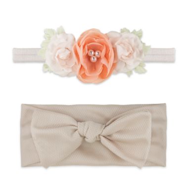 Khristie&reg; Size 0-36M 2-Pack Rosettes and Bow Headwraps in Peach/Beige. View a larger version of this product image.