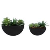 Contemporary Dolomite Hanging Planters in Black with Artificial Succulents (Set of 2)