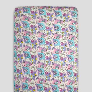 Bellabu Bear Comic Wonder Crib Sheet in Purple. View a larger version of this product image.