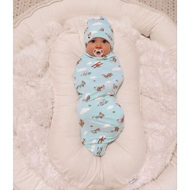 Bellabu Bear Vintage Airplane Swaddle and Beanie Set in Blue. View a larger version of this product image.