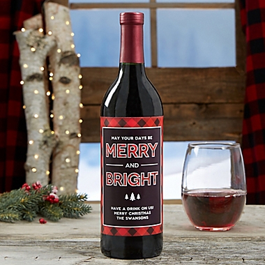 &quot;Merry &amp; Bright&quot; Plaid Wine Bottle Label. View a larger version of this product image.