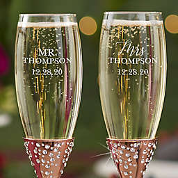 Radiant Rose Gold Etched Wedding Champagne Flute Set of 2